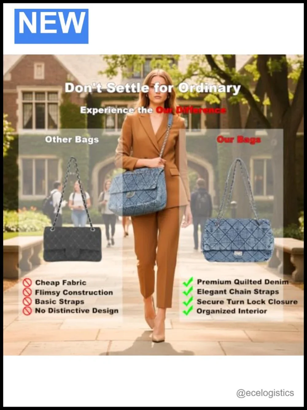 Quilted Denim Tote Bag for Women, Large Capacity Chain Crossbody Shoulder